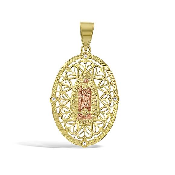 14K Yellow Rose Gold Virgin Mary Lady Guadalupe Oval Pendant CZ Accents - Picture 3 of 3